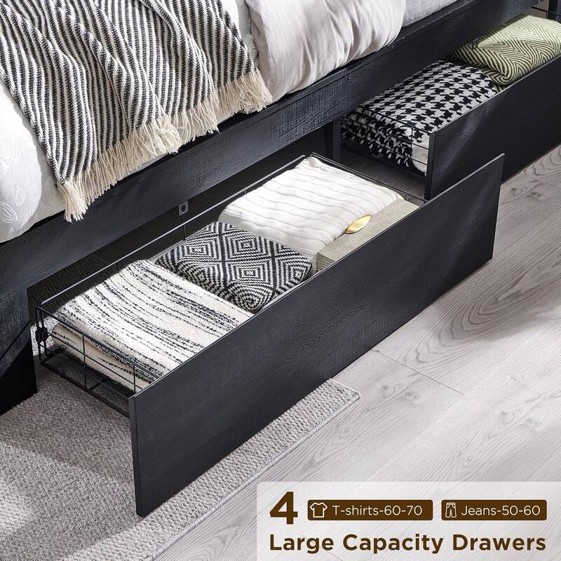 Modern Queen Size Wood Bed Frame with Charging Station and LED Lights