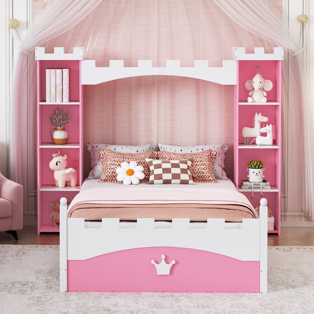 Castle-Shaped Wooden Bed with Storage Shelf, Dreamy Twin Size Platform Bed for Kids Bedroom