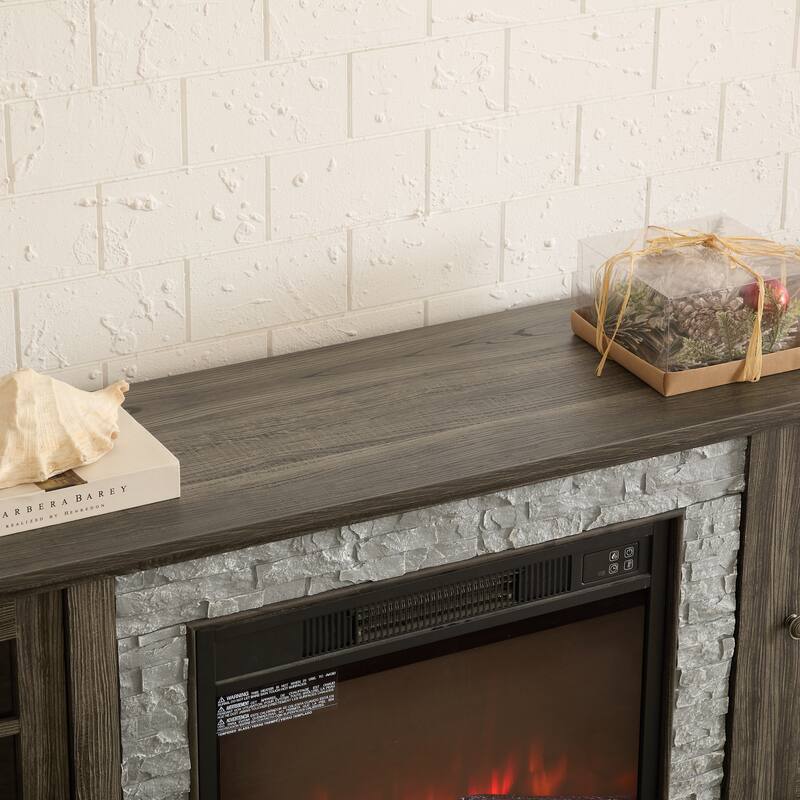 GDFStudio Thatch Wood 70" TV Stand with Faux Stacked Stone Fireplace and 2 Door Storage