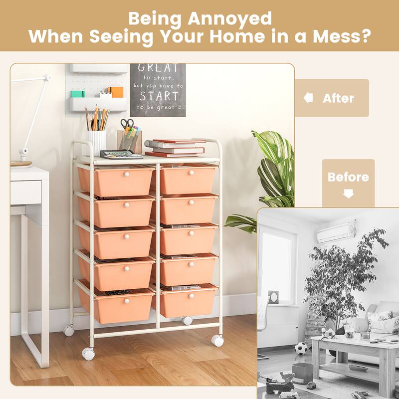 Gymax 10-Drawer Storage Cart Utility Rolling Trolley Kitchen Organizer