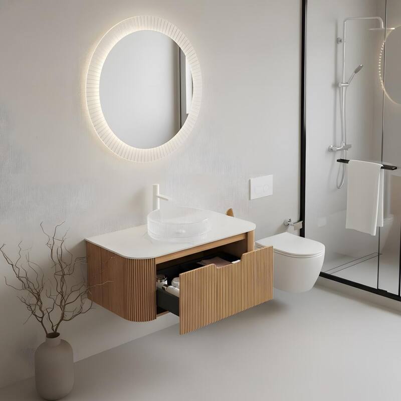Floating Bathroom Vanity with Transparent Round Glass Basin