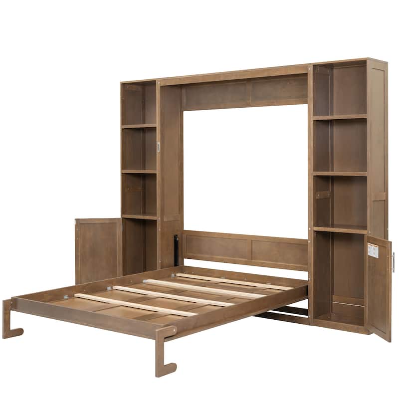 Queen Murphy Bed Wall Bed with Open Shelves and Enclosed Cabinets on Sides Multifunctional Space-Saving Solution for GUest Room