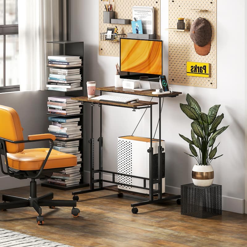 Adjustable Height Office Desk with Tiltable Panels Charging Station and Wheels Brown Standing Desk for Home Office