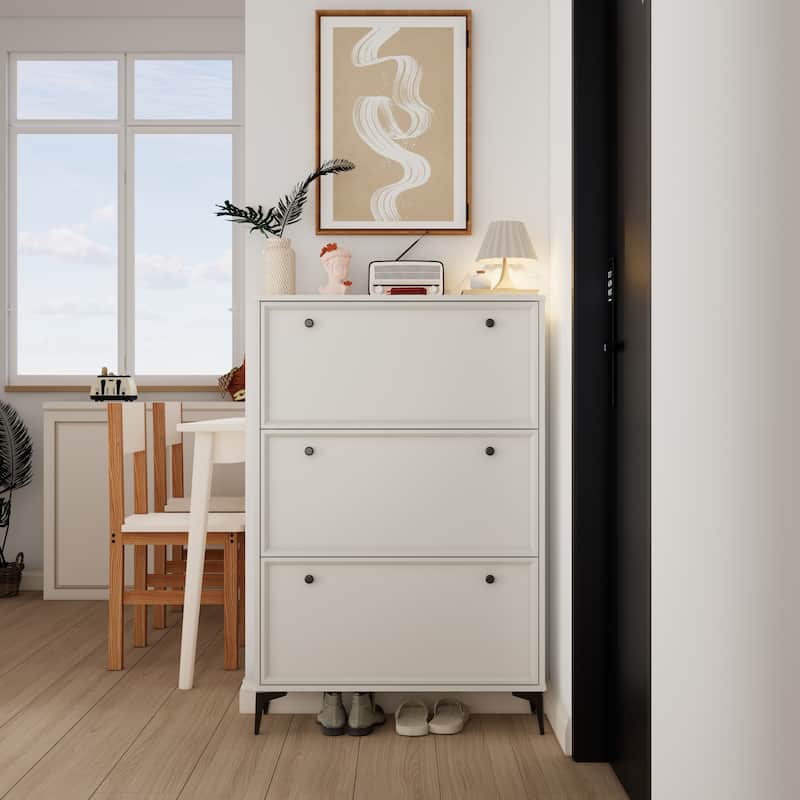 Modern and stylish white shoe cabinet with 3 flip drawers, entrance shoe cabinet, narrow shoe rack cabinet, hidden shoe