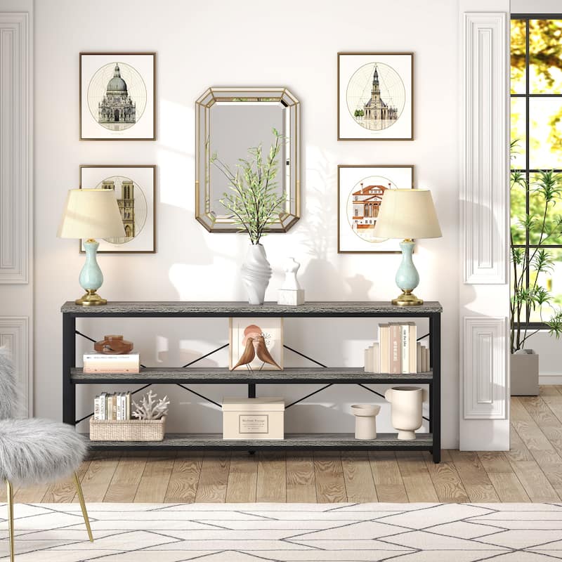 Extra Long Console Sofa Table with Metal Frame for Entrance, 3 Tiers TV Stand