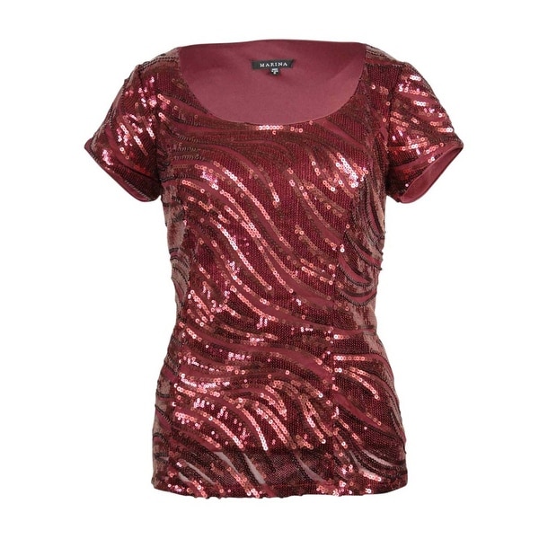 Marina Women's Sequin Waves Cap Sleeve Scoop Neck Blouse - Red