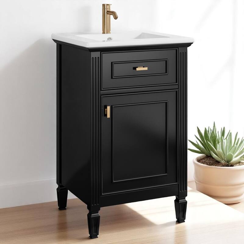 20" Bathroom Vanity with Sink, Freestanding White Cabinet with Ceramic Basin, Tilt-Out Drawer, Adjustable Shelf, Solid Wood Legs