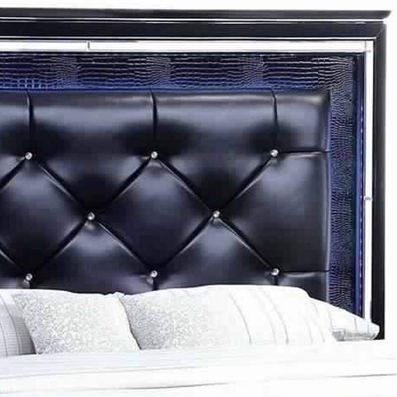 Textured Eastern King Size Bed with Silver Trim Accents, Black