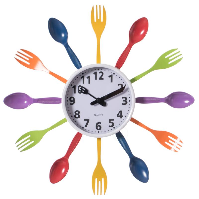 Decorative 3D Cutlery Utensil Spoon and Fork Wall Clock for Kitchen, Playroom or Bedroom - Multicolor