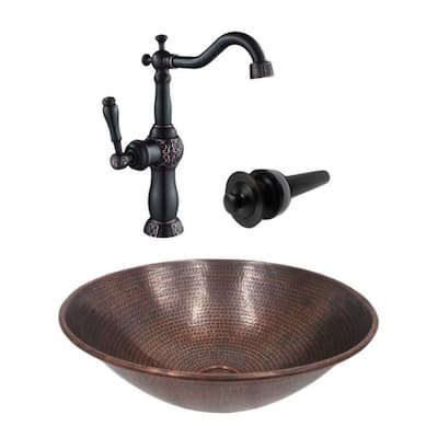 14" Round Brushed Copper Vessel Sink, 13" Faucet & LT Included - 14" x 14" x 5.5"