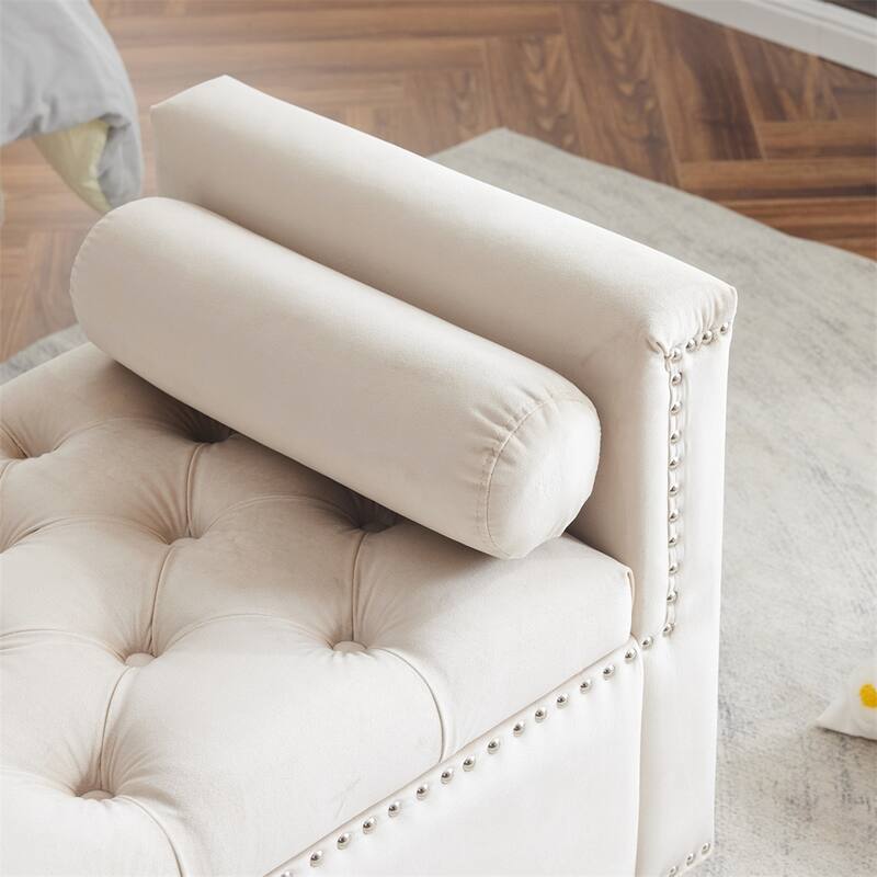 Storage Bench,44.5-Inch Queen Velvet Button Bedside Bench w/Armrests