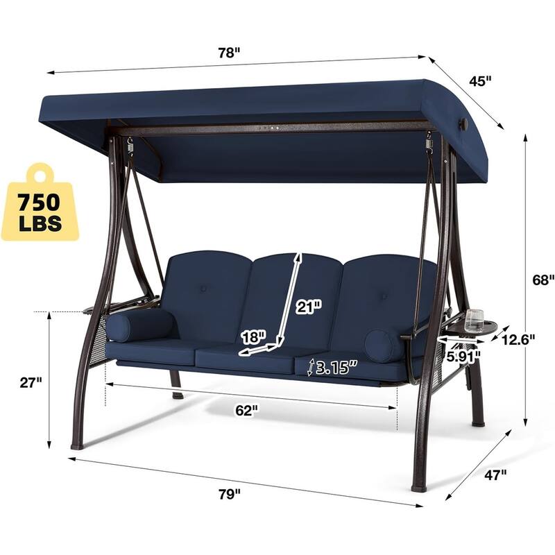 Outdoor 3-Seat Porch Swing with Adjustable Canopy & Cup Holder,Porch Swing Glider Chair, Heavy-Duty Steel Frame