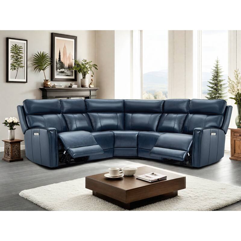 Genuine Leather Power Recliner Sectional Sofa with Ajustable Headrest, Dual Power, USB&USB-C Port - Blue