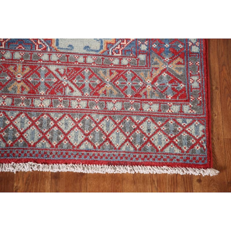 Geometric Kazak Accent Rug Hand-Knotted Blue Wool Carpet - 3'1"x 4'9"