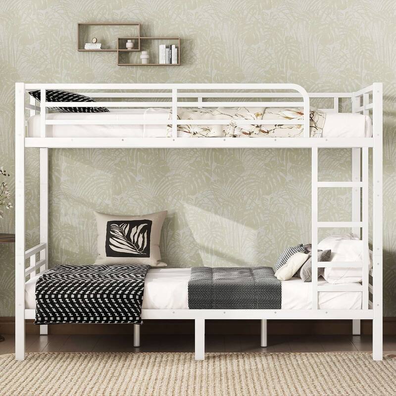 White Metal Bunk Bed Frame for Teens and Adults with Metal Slats