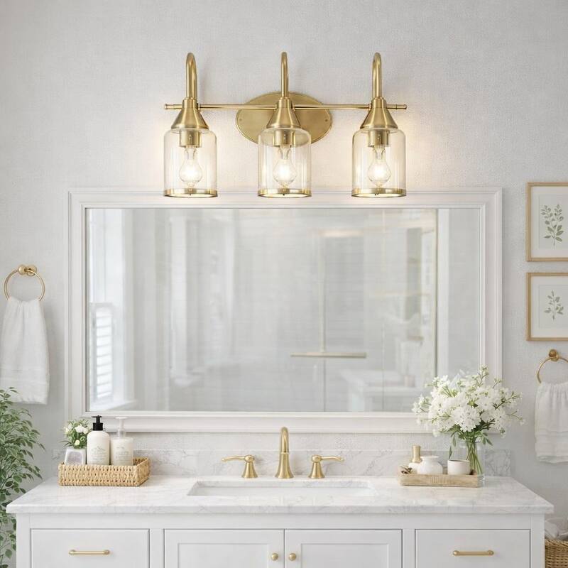 Livex Brushed Gold Triple Vanity Light with Clear Glass