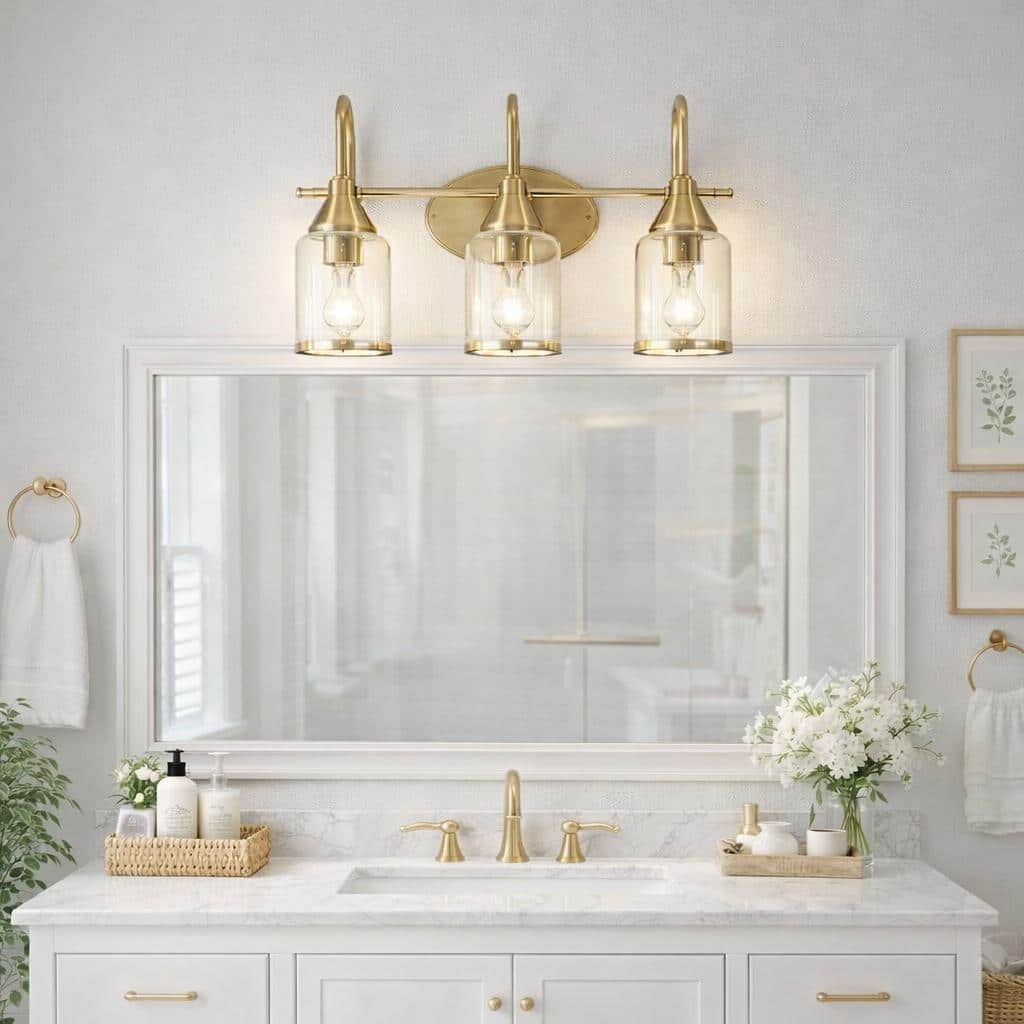 Livex Brushed Gold Triple Vanity Light with Clear Glass