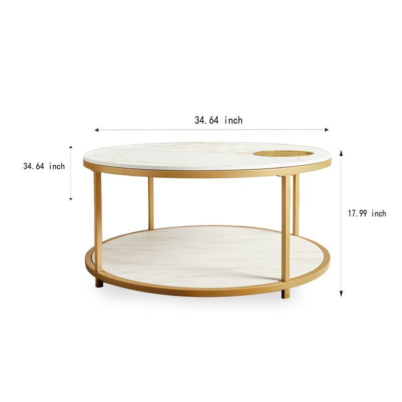 Round Coffee Table with Storage Tray and Lower Shelf Two Tier Modern Design