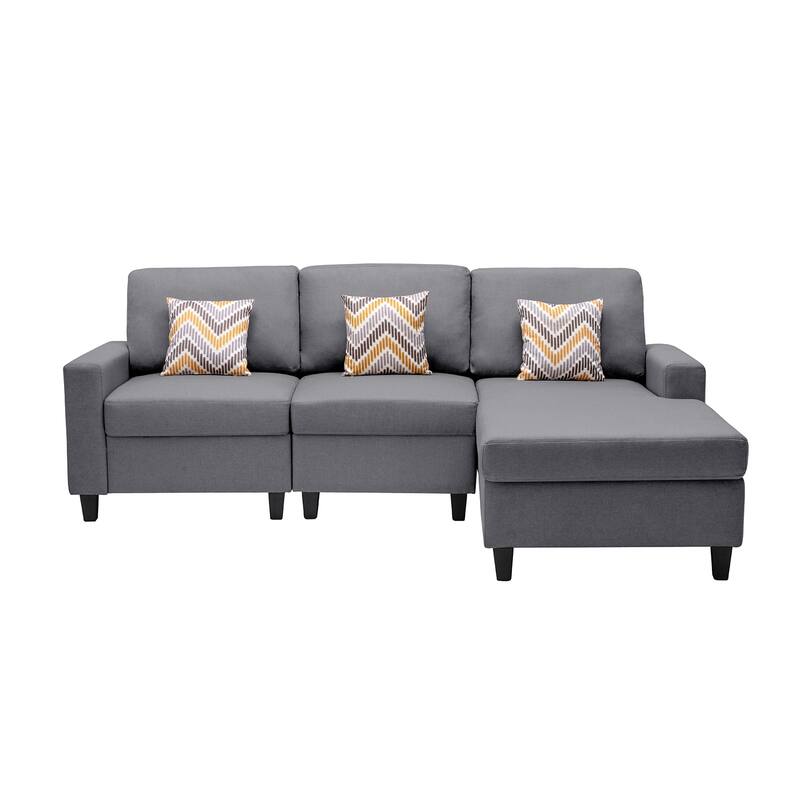 Linen Fabric 3 Piece Reversible Sectional Sofa Chaise with Pillows and Interchangeable Legs in Grey