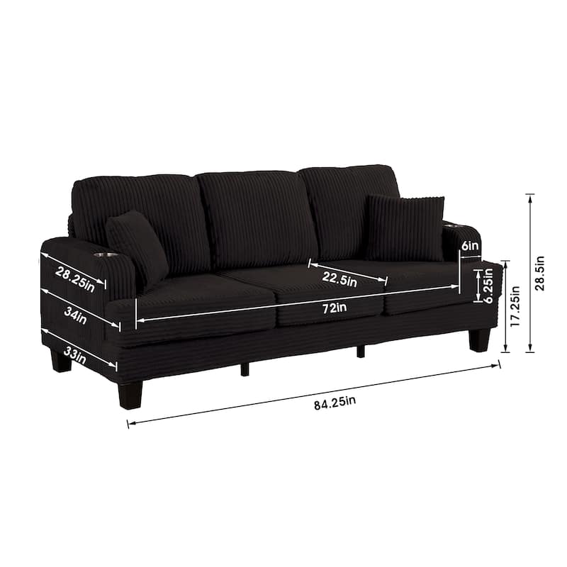 85" Modern Corduroy Rectangle 3-seater Sofa with USB and 2 Pillows