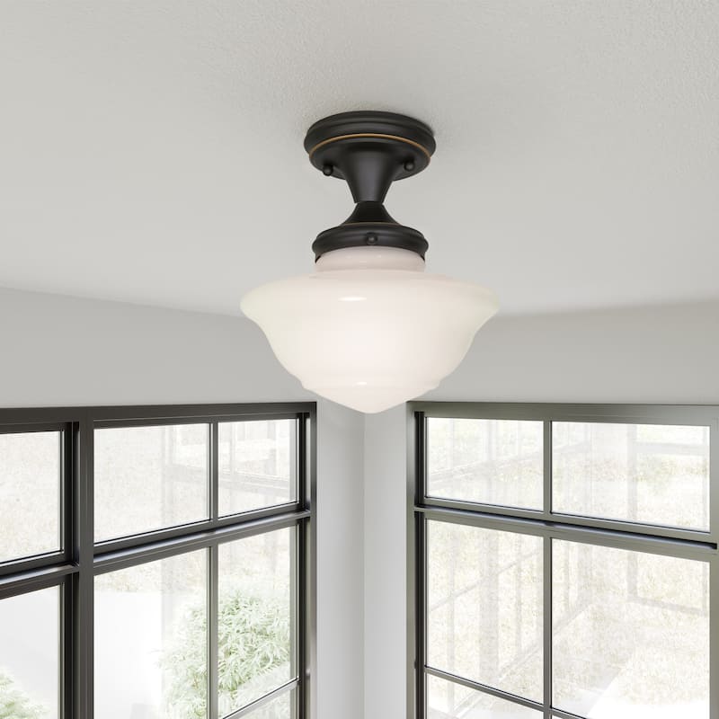 Design House Schoolhouse Oil Rubbed Bronze Semi Flush Mount Ceiling Light with White Glass Shade - 8.98 x 8.98 x 10