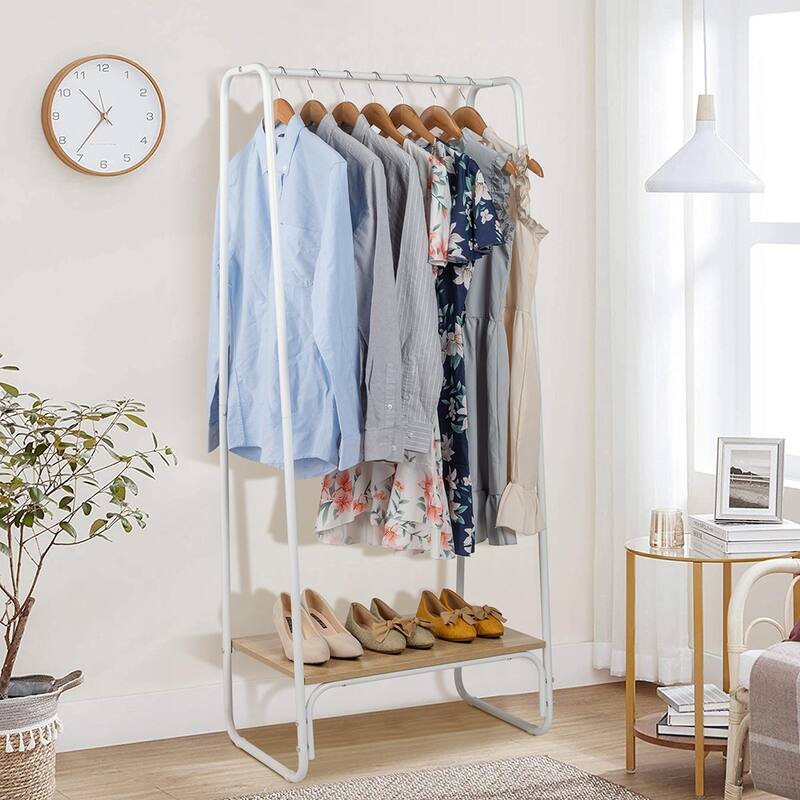 Freestanding Metal Clothing Rack with One Wood Shelf