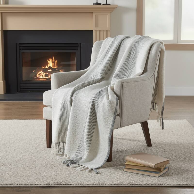 HomeRoots 50" X 60" Gray And Ivory Cotton Woven Striped Throw Blanket with Fringe - Throw - Ivory/Gray