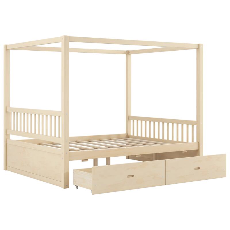 Wooden Canopy Bed with Storage Drawers, Low-Profile Four Poster Platform Bed with Wood Slat Support, No Box Spring Needed