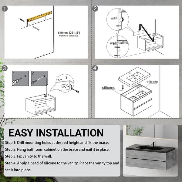 dimension image slide 3 of 5, GDFStudio - Carter Floating Bathroom Vanity with Quartz Sand Countertop & Soft-Close Drawers