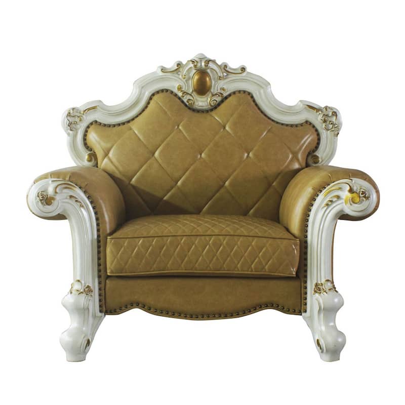 Leatherette Chair with Diamond Stitching and Carvings, White and Beige
