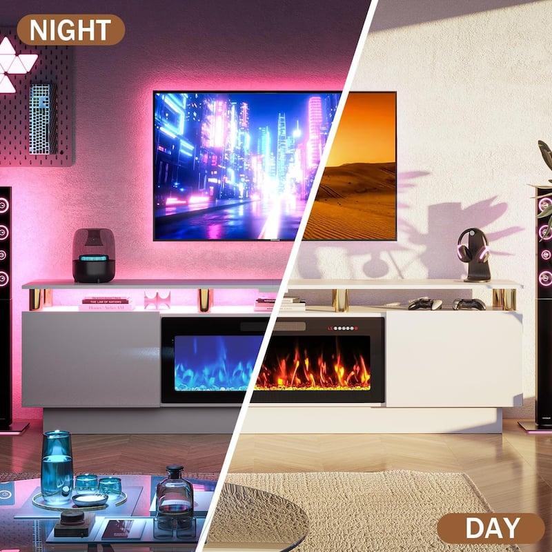 BOSSIN Modern 80" TV Stand with 36" Fireplace & LED Lights for TVs Up to 90", White with Golden Pillars, Storage Cabinets