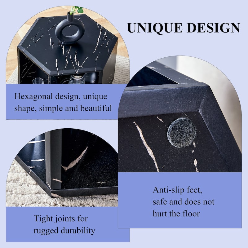 Hexagonal MDF coffee table, characteristic pattern stickers, multi-hole design to give more storage space
