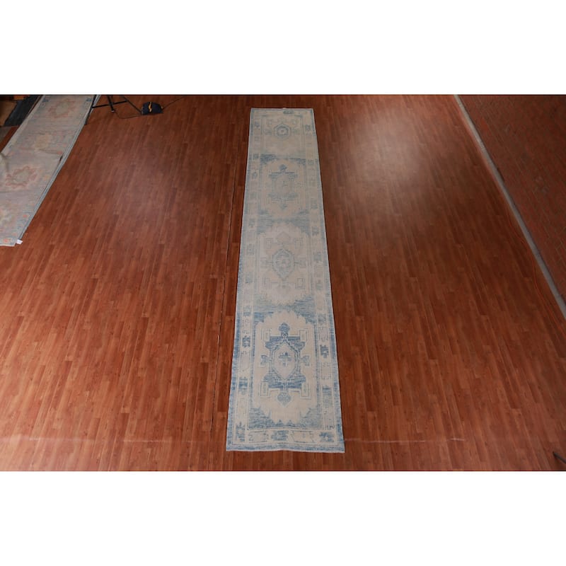 Hand Knotted Oriental 100% Wool Carpet Transitional Geometric Navy Blue & Blues Oushak Runner Rug - 17' 2'' X 3' 4''