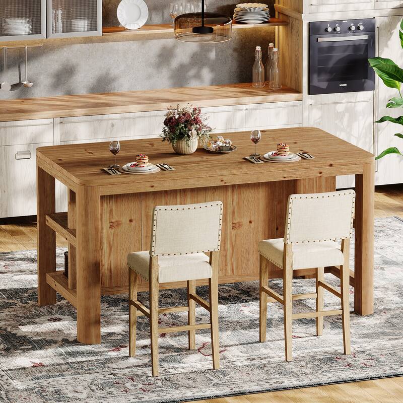 63-Inch Solid Wood Kitchen Island with Storage Shelves - 63.0" W x 28" D x 35.4" H