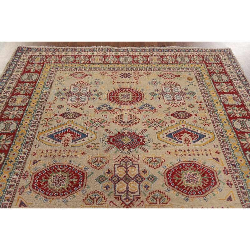 Hand Knotted Oriental 100% Wool Carpet Traditional Tribal Beige & Ivories Kazak Area Rug - 9' 6'' X 6' 9''
