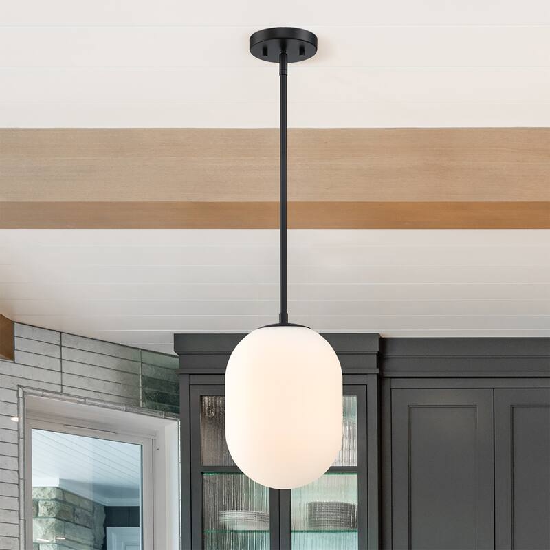 Noor 60 Watt 1-Light Matte Black Modern Pendant Light with Etched Opal Glass Shade - 12.75