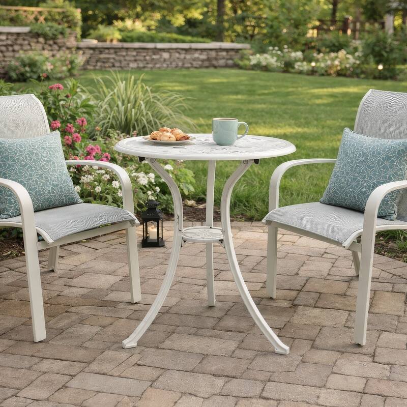 Outdoor Side Bistro Table, 24 Inch White Top, Aluminum Curved Legs