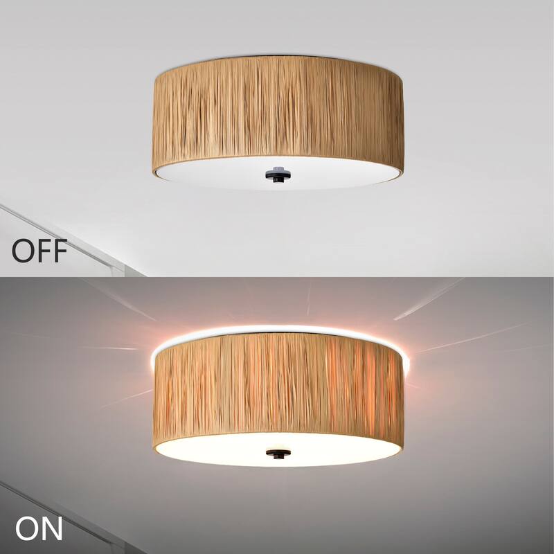 4-Light 16 in. Natural Farmhouse Flush Mount Ceiling Light with Raffia and Acrylic Shade