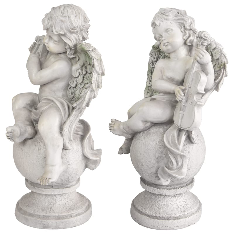 Set of 2 Cherub Angels with Violin and Harp on Finials Outdoor Garden Statues 15.25"