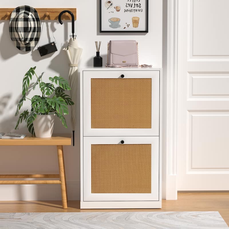 Anmytek 12 Pairs White Wood Rattan Shoe Storage Cabinet 2 Flip Drawers Slim Shoe Storage Organizer - 2-Tier