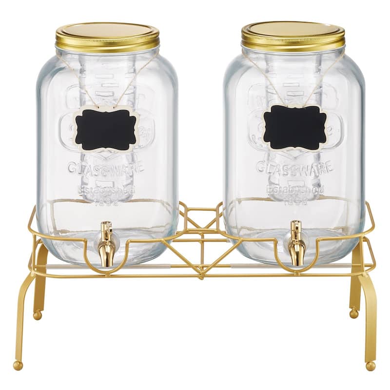 Transparent Glass Dual Cylinder Beverage Dispenser with Metal Stand and Chalkboards - 18.5 x 8.27 x 17.7 in - Transparent