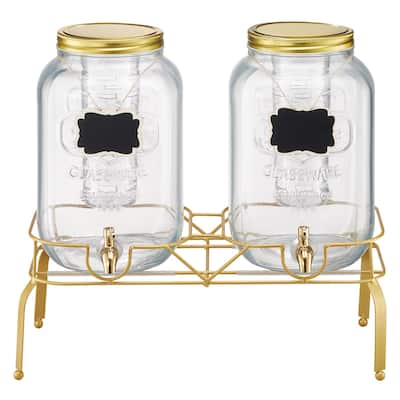 Transparent Glass Dual Cylinder Beverage Dispenser with Metal Stand and Chalkboards - 18.5 x 8.27 x 17.7 in
