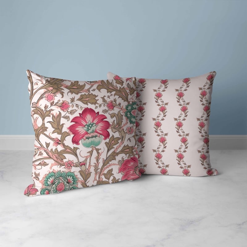 Mughal Era Garden Treasures Faux Suede Reversible Throw Pillow Pink and Camel