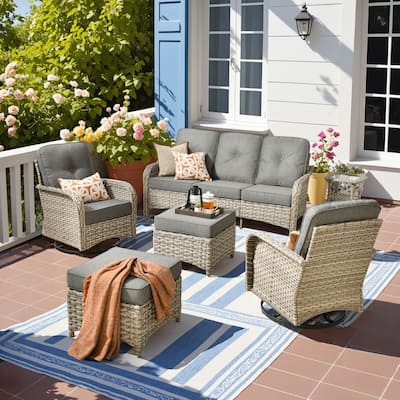 HOOOWOOO 6-piece Outdoor Furniture Wicker Rattan Swivel Chair Set with Ottoman