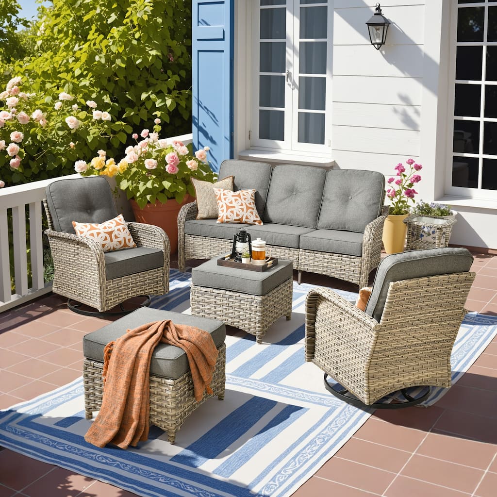 HOOOWOOO 6-piece Outdoor Furniture Wicker Rattan Swivel Chair Set with Ottoman