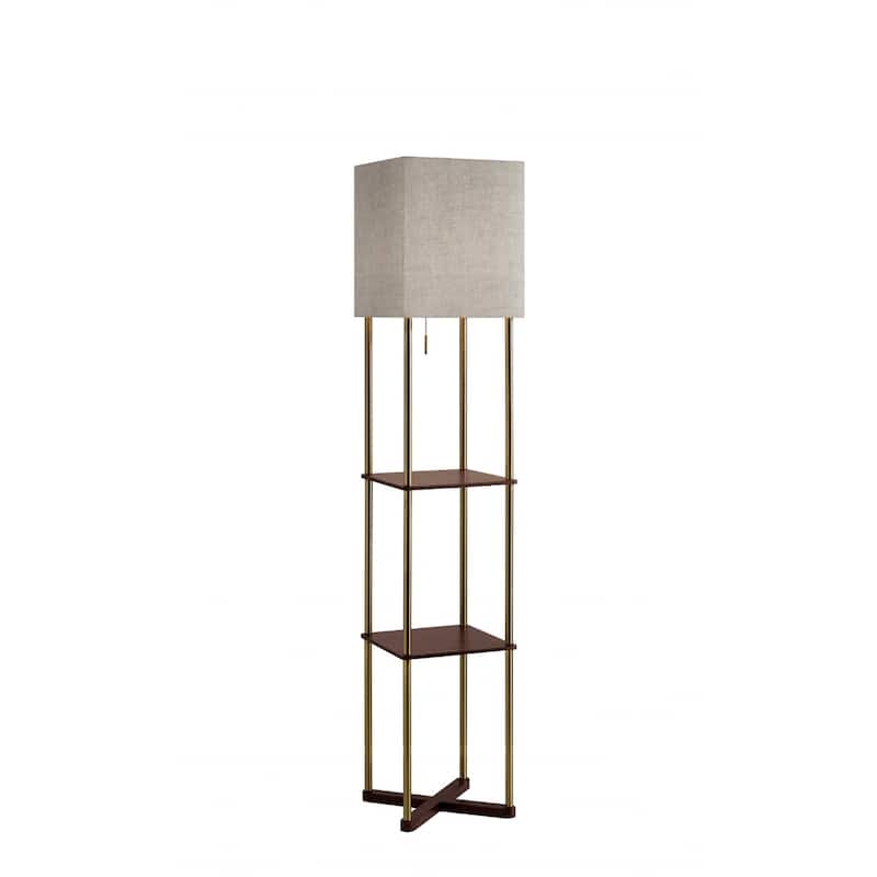 Brass Metal Column Floor Lamp with Gray Fabric Shade and USB Port 62 Inch - 12.5” x 12.5” x 62.25” (D x W x H)
