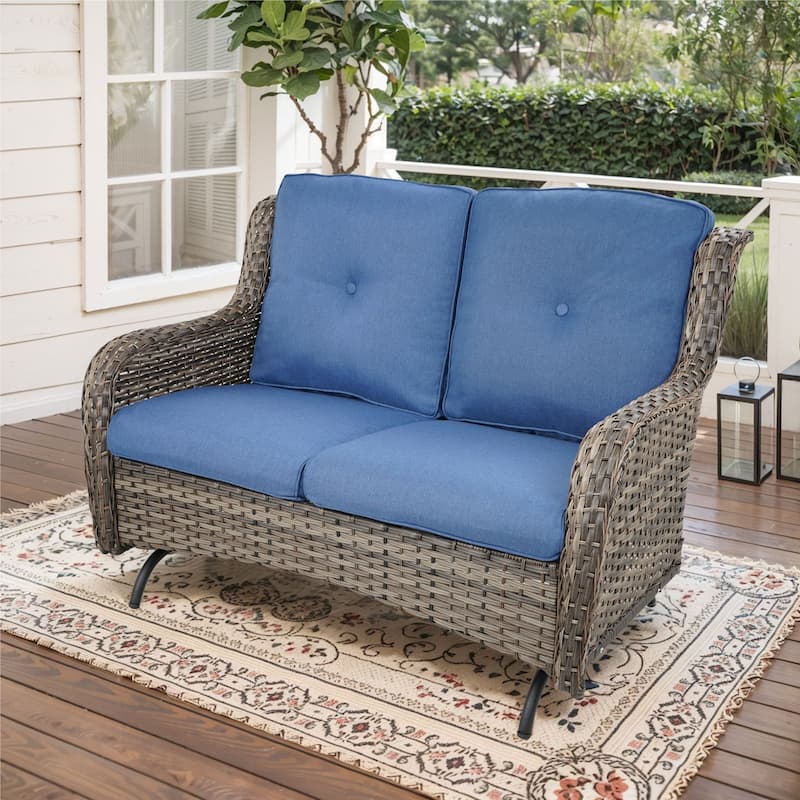Gymojoy 2 Seat Stylish Patio Loveseat Glider Sofa with Water-Resistant Olefin Cushions - 1-Piece - Grey Wicker / Blue Cusion