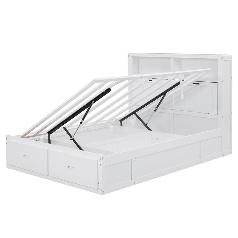 Full Size Hydraulic Platform Bed with Storage, LED Headboard, Charging Station, and 2 Drawers in White