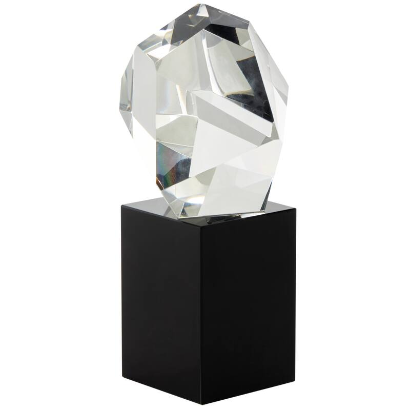 Clear Glass Cut Stone Inspired Sculpture with Black Base
