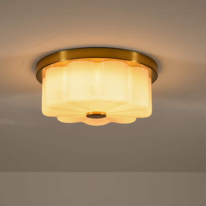 1-Light Brushed Gold Trim Flower-Shaped Frosted Glass LED Flush Mount with 5-Step Dimming for Bedroom & Hallway - 11.8 in. W x 4.9 in.H - Gold
